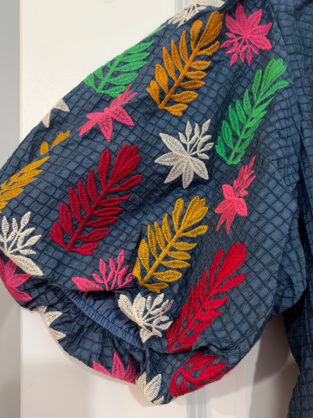 Navy Textured Puff Sleeve Blouse with Multicolor Embroidery - Picture 3 of 9